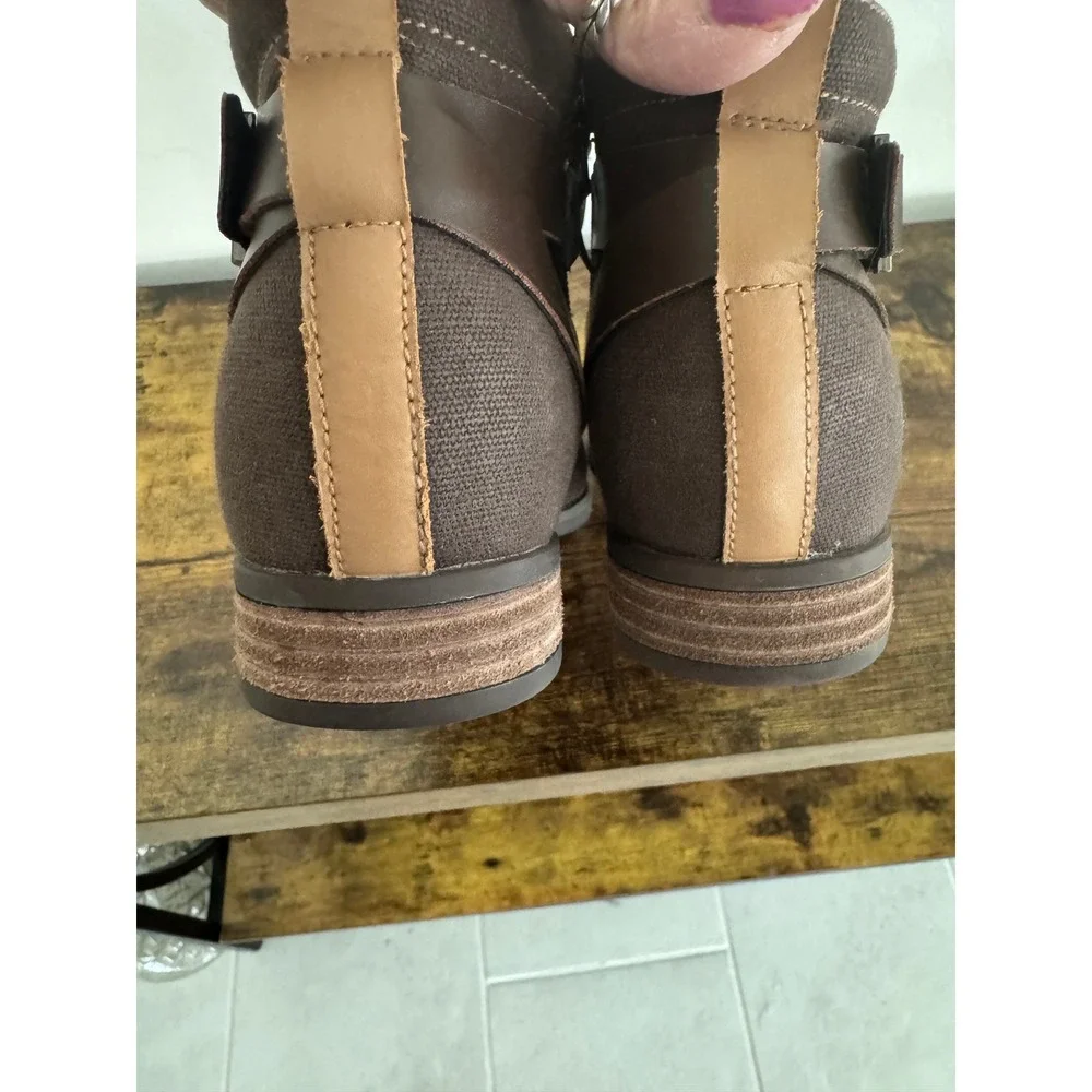 Spenco Womens Brown Leather Canvas Mixed Media Ankle Booties Side Zip Buckle 8